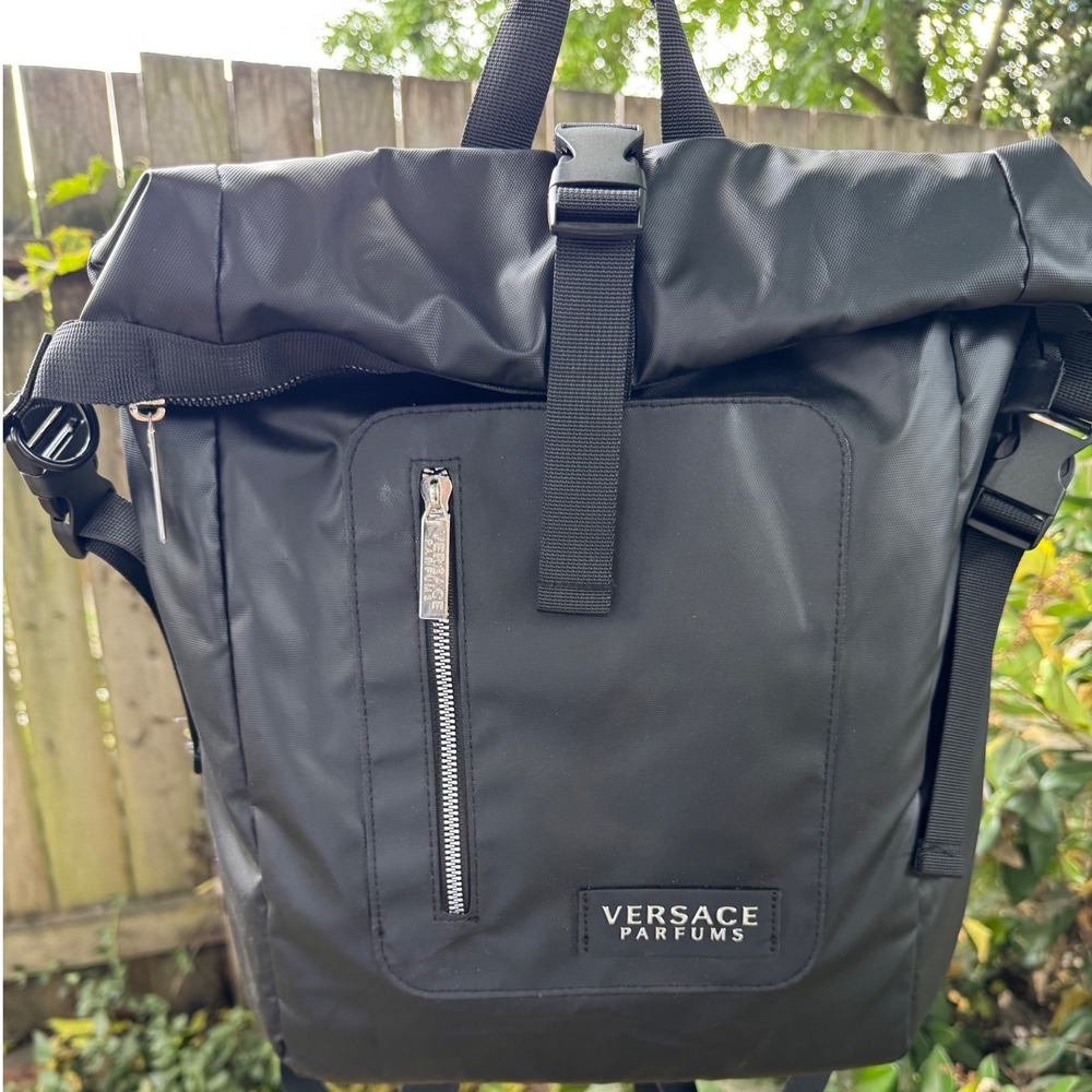 New Versace Parfums Convertible Black Roll Top Backpack Crossbody Greca Pattern